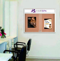 Indoor Sliding Glass Doors Bulletin Boards + Personalized Message Header + RADIUS EDGE Cabinet Corners