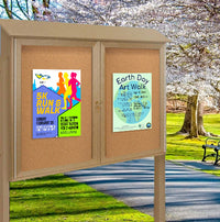 Outdoor Message Center Cork Bulletin Board 60" x 36" with Posts | Eco-Design, Faux Wood Two-Door Information Boards