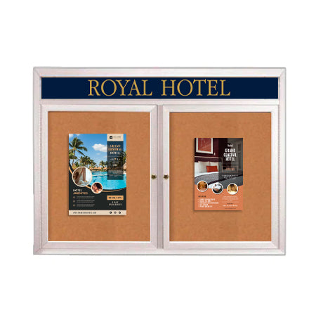 Indoor Enclosed Bulletin Boards 60 x 24 with Rounded Corners 2 Doors & Personalized Header