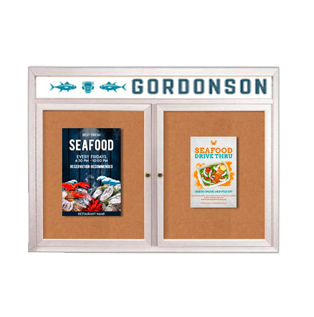 Indoor Enclosed Bulletin Boards 96 x 30 with Rounded Corners 2 Doors & Personalized Header