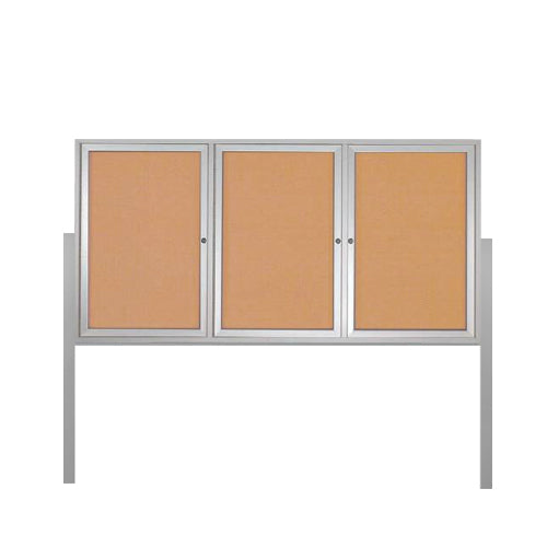 FREESTANDING 96 x 36 CORK BOARD 3-DOORS WITH LIGHTS & (2) POSTS (SHOW in SILVER FINISH)