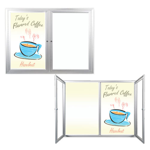 Indoor Enclosed Dry Erase Markerboard with LED Lights (2 and 3 Doors) - White Porcelain Steel