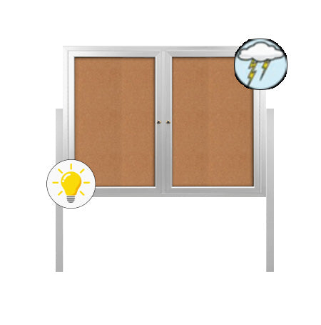 Freestanding 2 Door Enclosed Outdoor Bulletin Boards 60" x 60" with Lights + Posts