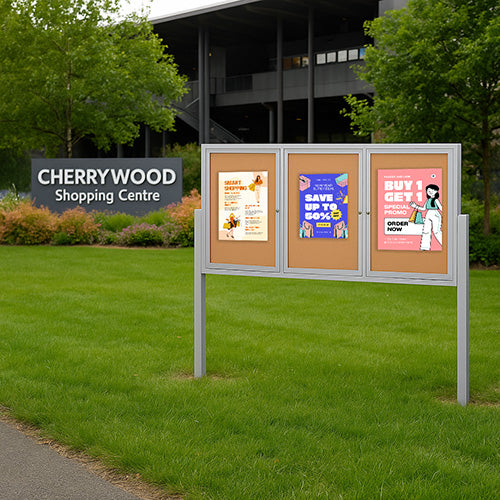 Freestanding 3 Door Outdoor Enclosed Bulletin Board 72x36 with Posts