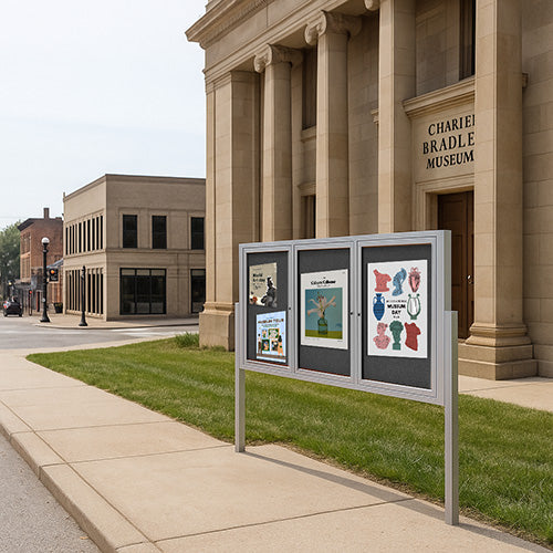 Freestanding 3 Door Outdoor Enclosed Bulletin Board 72x36 with Posts