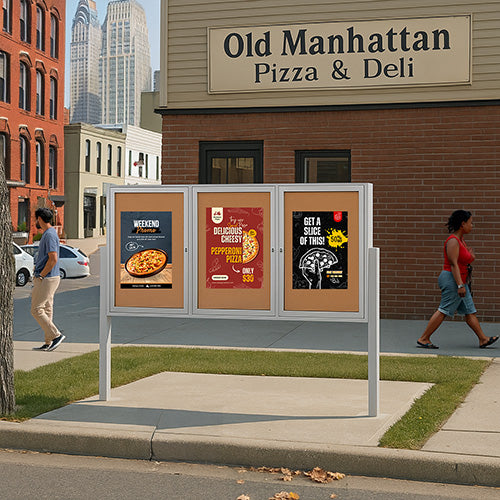 Freestanding 3 Door Outdoor Enclosed Bulletin Board 84x48 with Posts