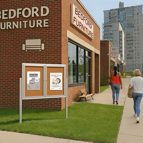 Freestanding 2 Door Outdoor Enclosed Bulletin Board 60x60 with Posts