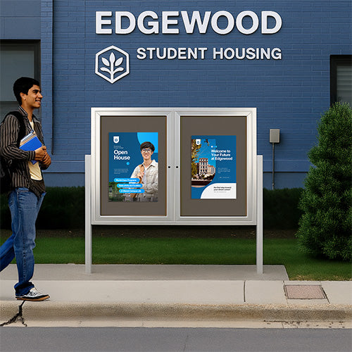 Freestanding 2 Door Outdoor Enclosed Bulletin Board 84x24 with Posts