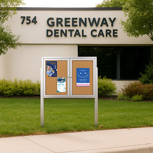 Freestanding 2 Door Outdoor Enclosed Bulletin Board 40x50 with Posts