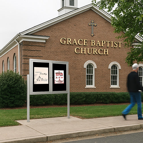 Free-Standing 2-Door Outdoor Enclosed Bulletin Board 60 x 24 with Posts | All-Weather Durable Metal Display Case in 4 Finishes