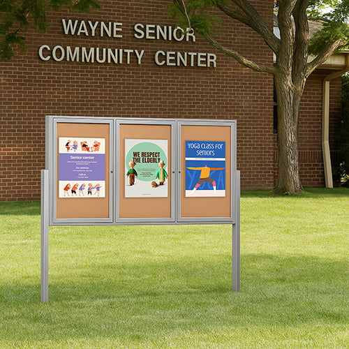 Freestanding 3 Door Outdoor Enclosed Bulletin Board 72x24 with Posts