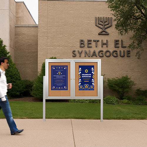 Free-Standing 2-Door Outdoor Enclosed Bulletin Board 48 x 36 with Posts | All-Weather Durable Metal Display Case in 4 Finishes