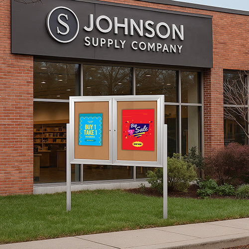 Freestanding 2 Door Outdoor Enclosed Bulletin Board 48x60 with Posts