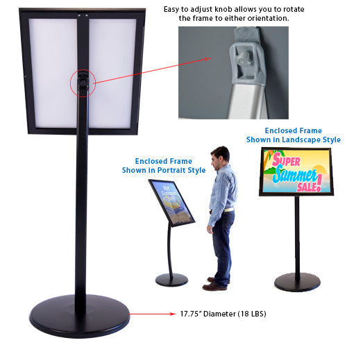 Rotate frame from the back to choose either portrait or landscape. The sturdy base is 17.75" Diameter (18 LBS) in black.