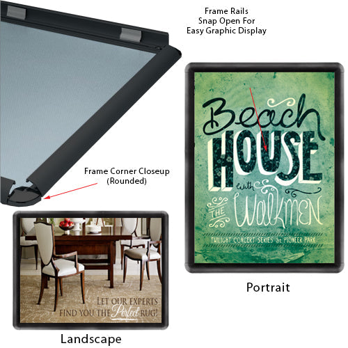 18 x 24 Snap Frame with Rounded Corners can be Wall Mounted in Portrait or Landscape Position