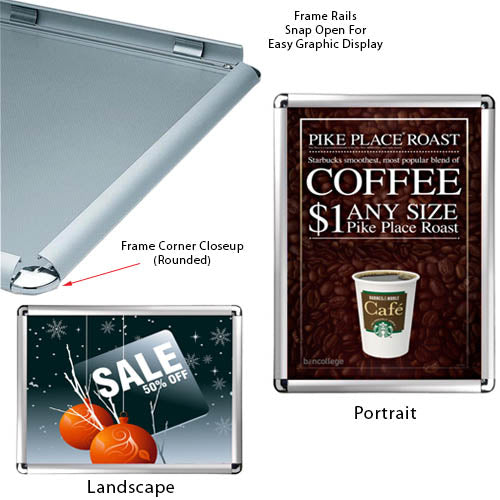 18 x 24 Snap Frame with Rounded Corners can be Wall Mounted in Portrait or Landscape Position