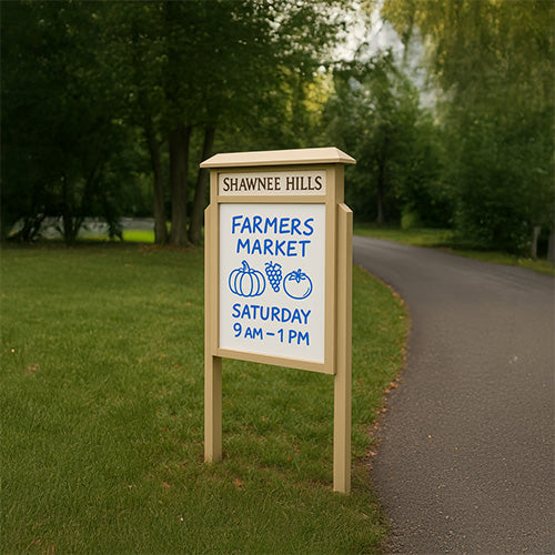 38" x 54" Standing Outdoor Message Center Magnetic White Dry Erase Board with Header (Single Door)