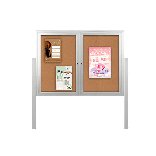 Freestanding 2 Door Outdoor Enclosed Bulletin Board 96x36 with Posts