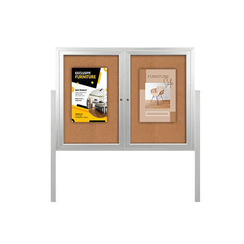 Freestanding 2 Door Outdoor Enclosed Bulletin Board 84x30 with Posts