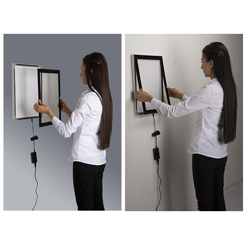 Graphic Changes are Easy. Lift off Magnetic Acrylic Face, Slide Your Poster into the Clip Grips, then reattach the Acrylic Face