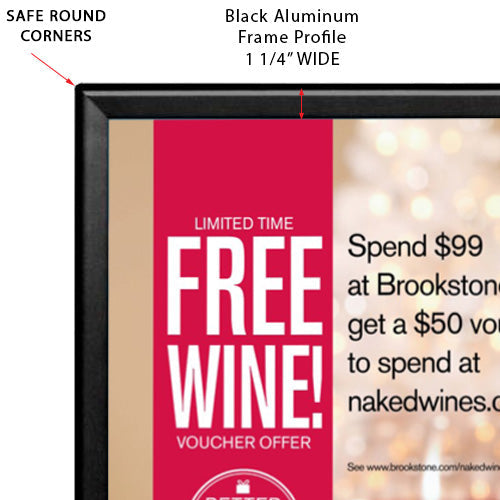 Mitered Safety Edge Rounded Corners Snap Frame with 1.25 Wide Black Frame Profile