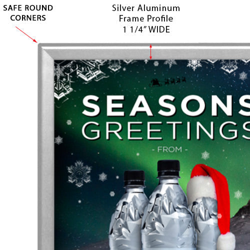 Mitered Safety Edge Rounded Corners Snap Frame with 1.25 Wide Silver Frame Profile