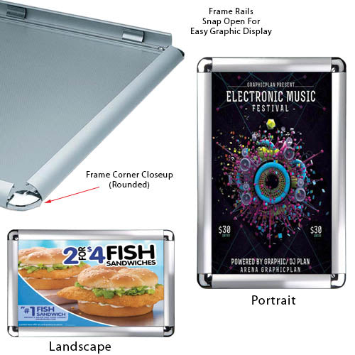 24 x 36 Snap Frame with Rounded Corners can be Wall Mounted in Portrait or Landscape Position
