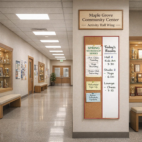 Value Line Combo Board 24x84 Wood Framed Cork Bulletin Marker Board (Open Face with Wood Trim)