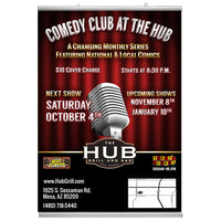 27" WIDE poster display hangs portrait for the store window, ceiling or wall mount. Promote specials, sales, new products, and advertisements.