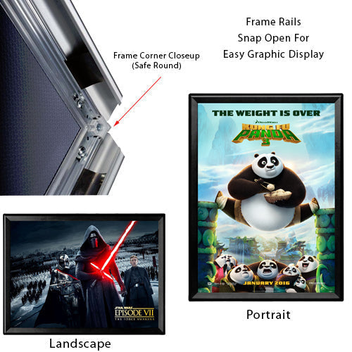 27 x 40 Snap Frame with Safe Round Corners Wall Mounts in Portrait or Landscape Position