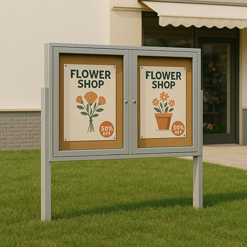 Freestanding 2 Door Enclosed Outdoor Bulletin Boards 60" x 30" with Lights + Posts