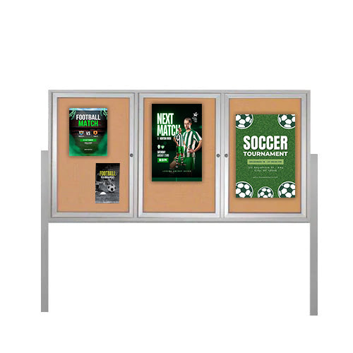 Freestanding 3 Door Outdoor Enclosed Bulletin Board 72x48 with Posts