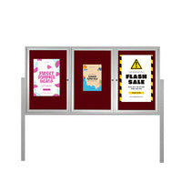 Freestanding 3 Door Outdoor Enclosed Bulletin Board 96x24 with Posts