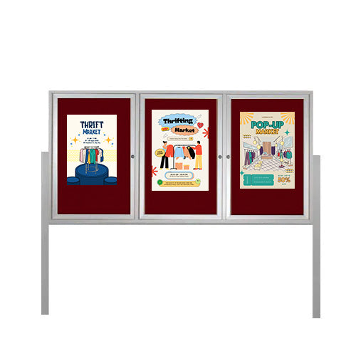 Freestanding 3 Door Outdoor Enclosed Bulletin Board 72x30 with Posts