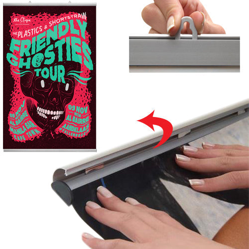 By hand, simply snap open both snap bar rails, top and bottom, slide graphic or poster in, and snap close 