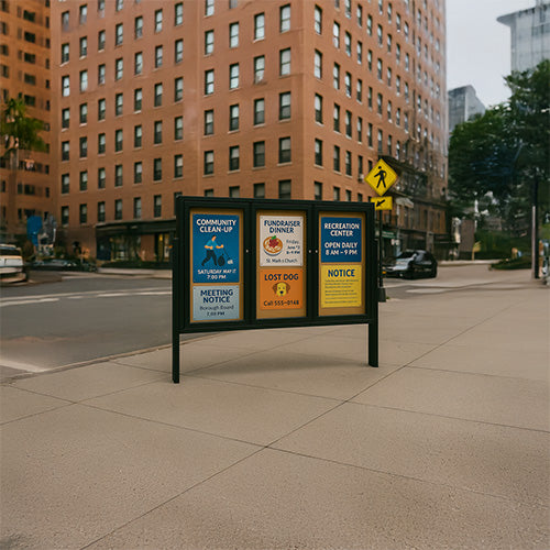 Freestanding 3 Door Enclosed Outdoor Bulletin Boards 72" x 24" with Lights + Posts