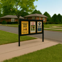 Freestanding 3 Door Enclosed Outdoor Bulletin Boards 84" x 24" with Lights + Posts