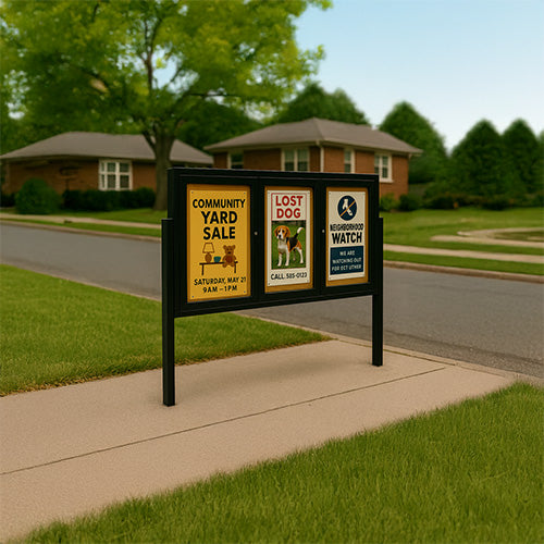 Freestanding 3 Door Enclosed Outdoor Bulletin Boards 84" x 24" with Lights + Posts