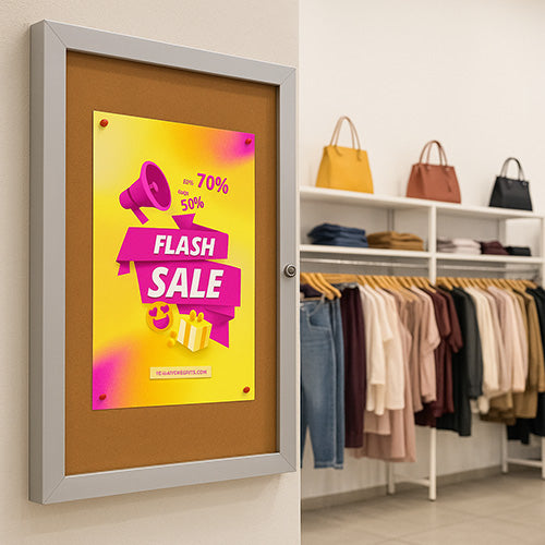 1.25 Inch Deep Super Slim Elevator Display Cases 24 x 36 | Locking Elevator Frame with Cork Board