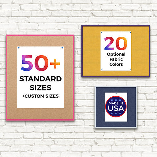 Open Face Colorful Cork Bulletin Boards | 50+ Sizes | 20 Optional Fabric Colors | Made in USA