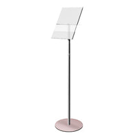 Angled Acrylic Information Holder Floor Stand Display | Pedestal Telescopic Pole + Literature, Catalog Stand with 11" Round Metal Base