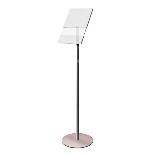 Angled Acrylic Information Holder Floor Stand Display | Pedestal Telescopic Pole + Literature, Catalog Stand with 11" Round Metal Base