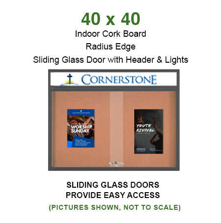 40 x 40 Indoor Bulletin Cork Boards with Personalized Header & Lights (RADIUS EDGE) (2 Sliding Glass Doors)