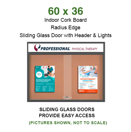 60 x 36 Indoor Bulletin Cork Boards with Personalized Header & Lights (RADIUS EDGE) (2 Sliding Glass Doors)