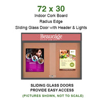 72 x 30 Indoor Bulletin Cork Boards with Personalized Header & Lights (RADIUS EDGE) (2 Sliding Glass Doors)