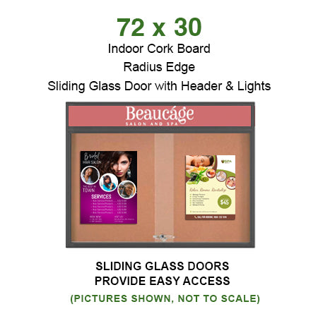 72 x 30 Indoor Bulletin Cork Boards with Personalized Header & Lights (RADIUS EDGE) (2 Sliding Glass Doors)