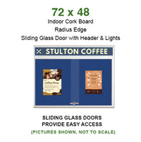 72 x 48 Indoor Bulletin Cork Boards with Personalized Header & Lights (RADIUS EDGE) (2 Sliding Glass Doors)