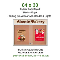 84 x 30 Indoor Bulletin Cork Boards with Personalized Header & Lights (RADIUS EDGE) (3 Sliding Glass Doors)
