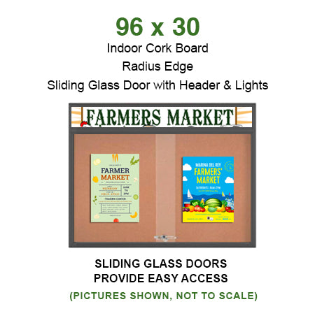 96 x 30 Indoor Bulletin Cork Boards with Personalized Header & Lights (RADIUS EDGE) (3 Sliding Glass Doors)
