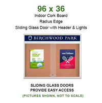 96 x 36 Indoor Bulletin Cork Boards with Personalized Header & Lights (RADIUS EDGE) (3 Sliding Glass Doors)